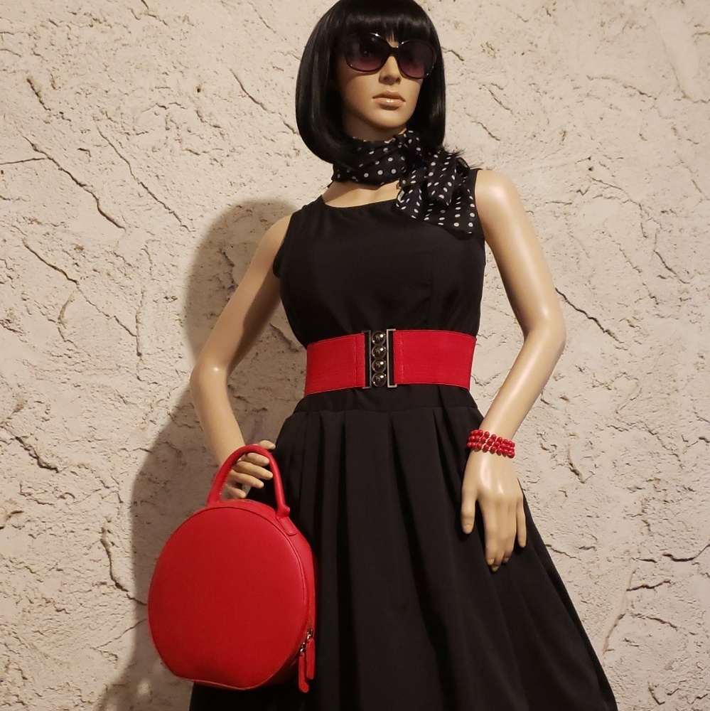 New black dress, red belt and polka dot scarf